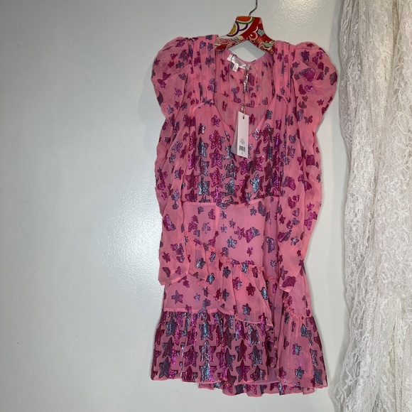 LoveShackFancy Caden whimsical Metallic Star Silk Puff Sleeve Mini Dress 0 - Picture 5 of 10